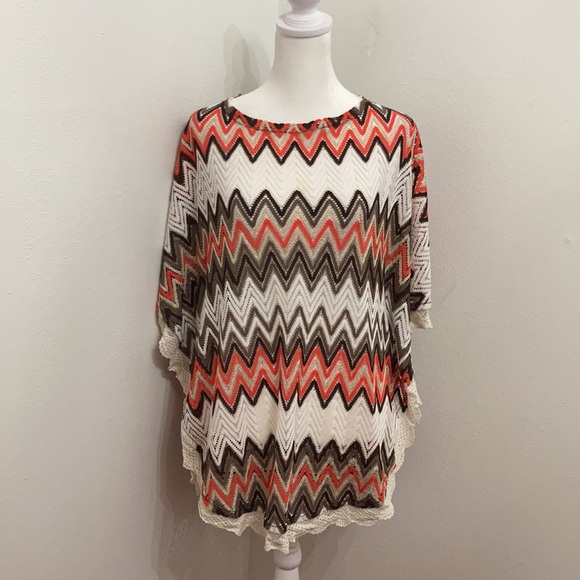 Rancho Estancia Aztec Patterned Tie Back Open Knit  Poncho Top Size Large - Picture 2 of 11